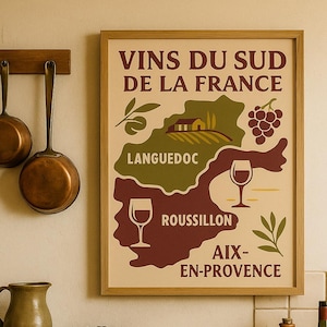 Poster Vins du Sud de la France, kaart print wijnregio, Languedoc Roussillon kunst aan de muur, Franse wijn digitale download, decor retro keuken