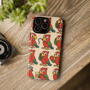 Funda para teléfono con loro travieso, divertido estampado de aves tropicales, caos colorido sin costuras, dibujos de pájaros kawaii, resistente para iPhone y Galaxy