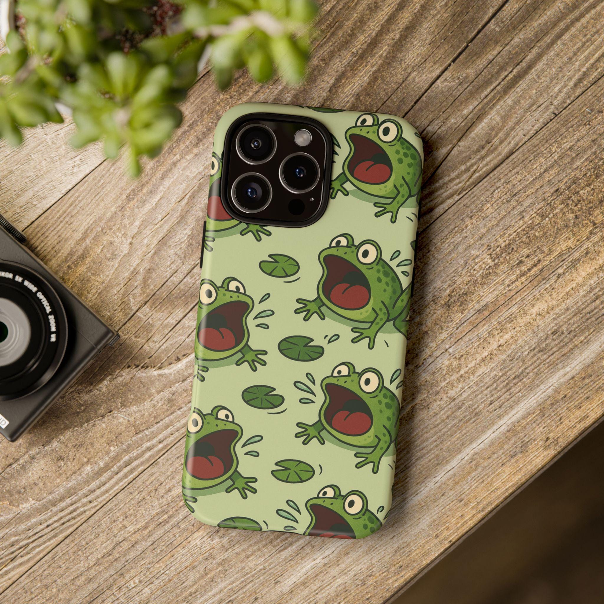 Telefoonhoesje Screaming Frogs, patroon grappige cartoon kikker, grillige amfibieprint, meme-dierenhoesje, stoer hoesje voor iPhone en Galaxy