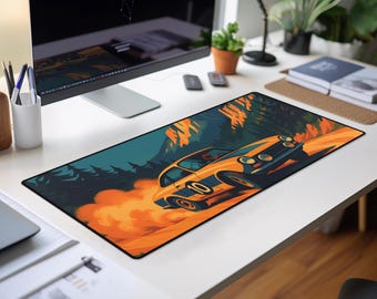 Vintage Rally Car Desk Mat: Retro Racing, Mountain Road Decor