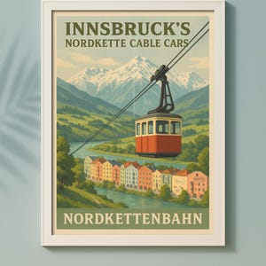 Innsbruck Nordkette Cable Cars Poster, Nordkettenbahn Wall Art, Austria Travel Print, Vintage Alps Decor, Tyrol Instant Download