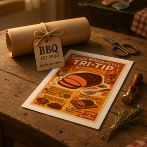 May include: A BBQ art print with instructions for Santa Maria-style tri-tip, featuring illustrations of the cooking process. The print is accompanied by a rolled-up paper, a tag, and a sprig of herbs on a wooden surface.