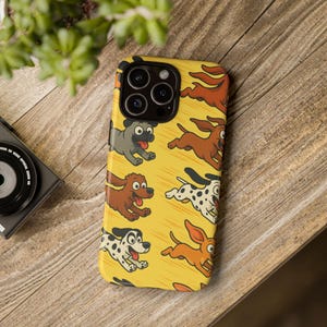 Funda para teléfono Zoomie Dogs, diseño colorido de perro, divertida mascota corriendo, caos sin costuras, resistente para iPhone y Galaxy