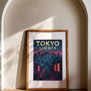 Póster retro de luces de Tokio, arte mural de paisaje urbano nocturno de neón, impresión de horizonte ciberpunk con el monte Fuji, decoración urbana japonesa, descarga digital