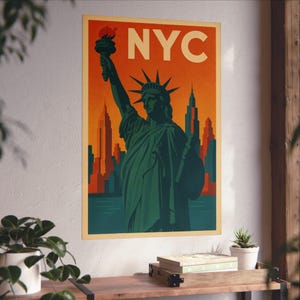 NYC New York City Retro Travel Poster Print – Vintage Statue of Liberty Digital Wall Art, Modern Urban Decor, Printable Skyline Download
