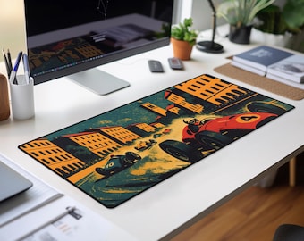 Vintage European Racing Desk Mat: Grand Prix Motorsport Office Decor
