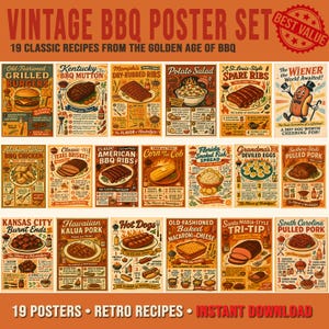 Puede incluir: Un conjunto de carteles vintage de barbacoa que presenta 19 recetas clásicas de la edad de oro de la barbacoa. Los carteles muestran ilustraciones de platos como hamburguesas, costillas y cerdo desmenuzado, con diseños retro.