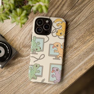 Gecko Tech Trouble Phone Case, Cute Lizard and Cables Pattern, Kawaii Seamless Reptile Design, Nerdy Animal Art, Tough iPhone & Galaxy Cover