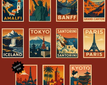 May include: A collection of travel-themed posters featuring iconic landmarks and destinations. Each poster has a vintage aesthetic and includes locations like NYC, Paris, and Kyoto. The color palette includes shades of orange, blue, and brown.