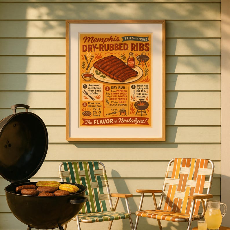 Che Rib Poster Memphis Dry-rub Ribs Recipe Poster: Vintage BBQ Kitchen Art (digital ...
