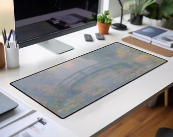 Monet Water Lily Desk Mat: Impressionist Garden Bridge Mouse Pad