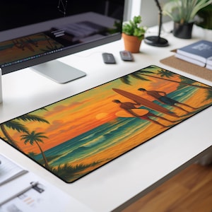 Tropical Sunset Surfing Desk Mat, Beach Office Decor, Surfboard Mouse Pad, Coastal Workspace Gift, Ocean Wave Desk Pad, Summer Vibes Desk