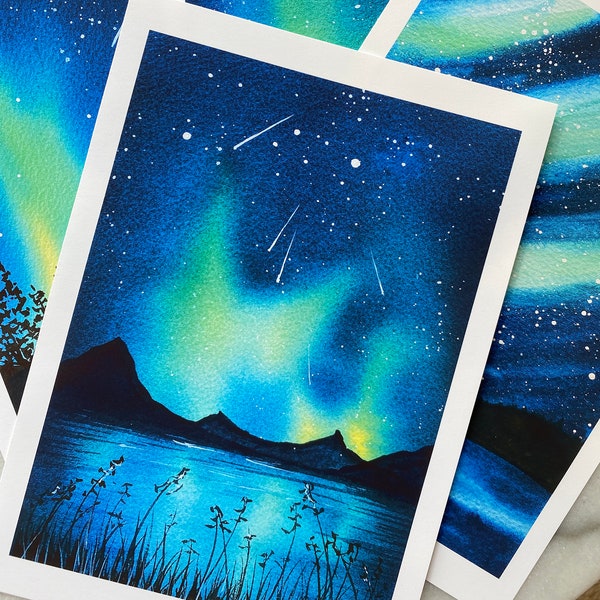 Stampe ad acquerello dell'aurora boreale / Cielo notturno Aurora Boreale / Alberi e stelle / Paesaggio / Opere d'arte regalo / A5 e A4