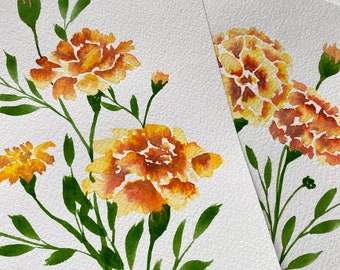 Marigold Flower, ORIGINAL Watercolour Painting, Botanical Watercolour | Hand Painted | Floral Gift Artwork Illustration | A5