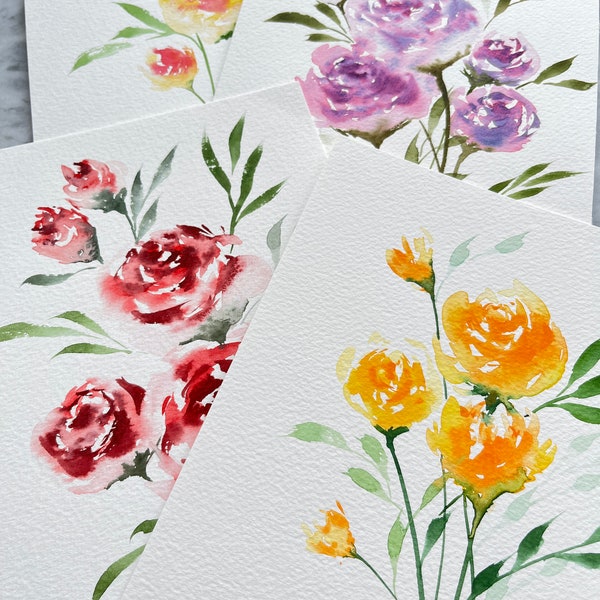 Roses, aquarelle ORIGINALE, aquarelle botanique | Peint à la main | Illustration d'art floral cadeau | A5