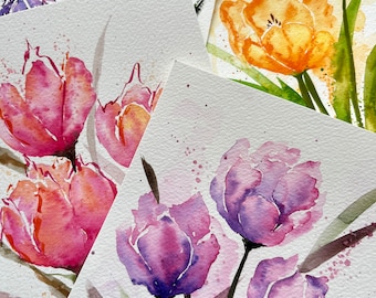 Tulips Flowers, ORIGINAL Watercolour Painting, Botanical Watercolour | Hand Painted | Floral Gift Artwork Illustration | A5