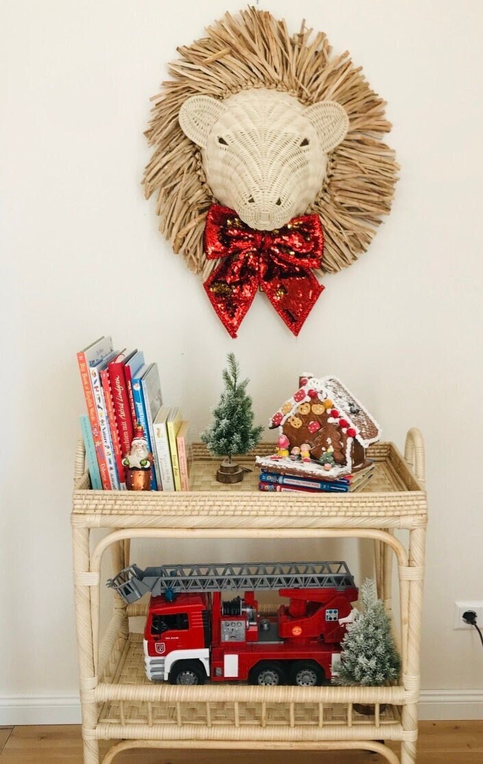 Décoration Naturelle de Mur Tête Rotin/Wicker Lion/Pendaison/Montage Pour La Chambre Pépinière et d'