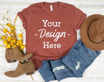 Download Bella Canvas 3001 Heather Autumn Mockup Unisex T Shirt Fall Autumn Lifestyle Mock Up Flat Lay Shirt Styled Mockup Wood Background Photography Art Collectibles