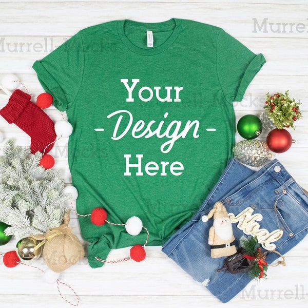 Mockup  3001 Heather Grass Green, Flat Lay Mockup, Christmas Mockup, Flat Lay, Bella Canvas mock up, T-shirt Mockup, Unisex Tee Mockup