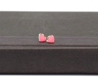 925 Sterling Silver Pink Heart Stud Earrings, Rose Gold Earrings, Rose Heart Enamel Earrings, Heart Stud Earrings, Pink Heart Earrings