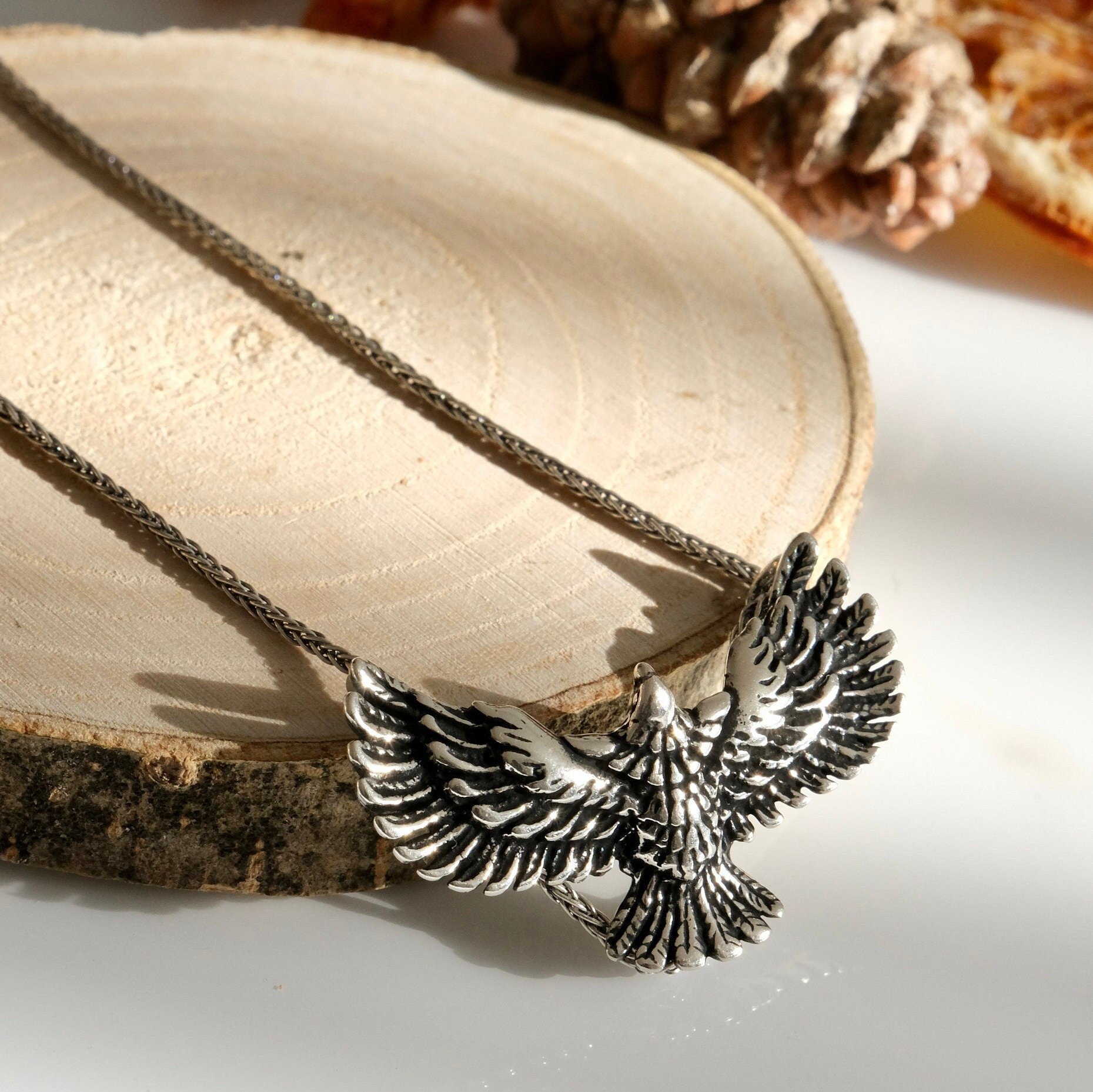 925K Silver Sterling Eagle Necklace, Open Wings Eagle Necklace
