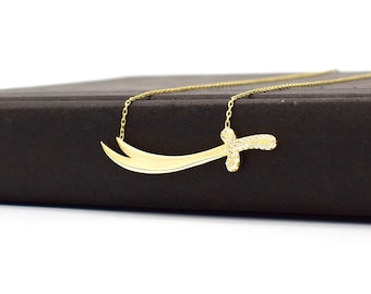 Silver Personalized Engraved Zulfiqar Sword Necklace, Gold Plated Zircon Stone Zulfiqar Necklace, Custom Imam Ali Sword Necklace