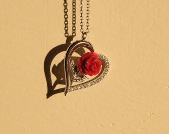 Silber Herz rote Rose Halskette, Herz Halskette, rote Rose Halskette, Muttertagsgeschenk