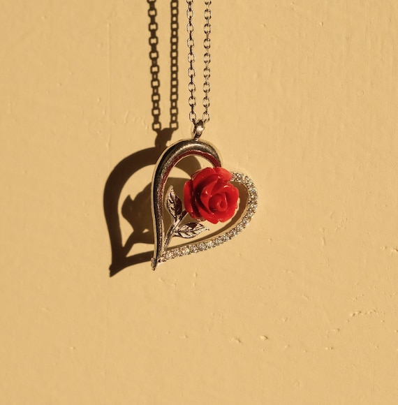 Silver Heart Red Rose Necklace, Heart Necklace, Red Rose Necklace