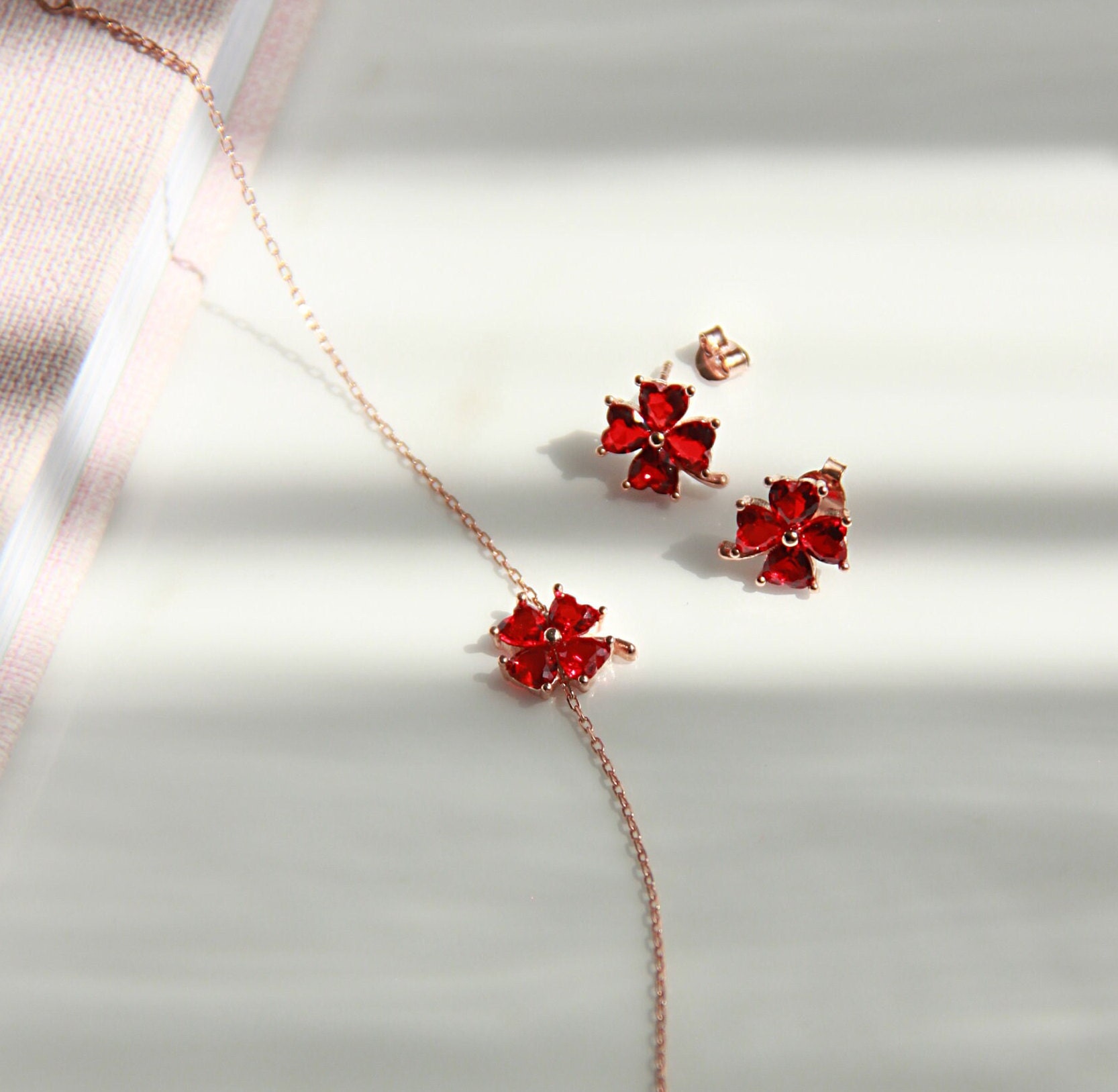 Silver Four Leaf Clover Jewelry Set, Red Clover Stud Earrings, Silver Red Heart Jewelry Sets, Red Shamrock Bracelet, Luck Charm  Bracelet