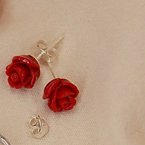 Silver Red Rose Earring, Red Flower Earrings, Silver Rose Earrings, Rose Stud Earrings, Floral Earrings, Women Rose Earring, Christmas Gift