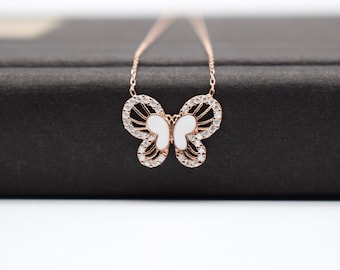 Collier papillon rose, Collier papillon femme blanc argent, Cadeau pour elle, Collier papillon en pierre de zircon, Plaqué or rose