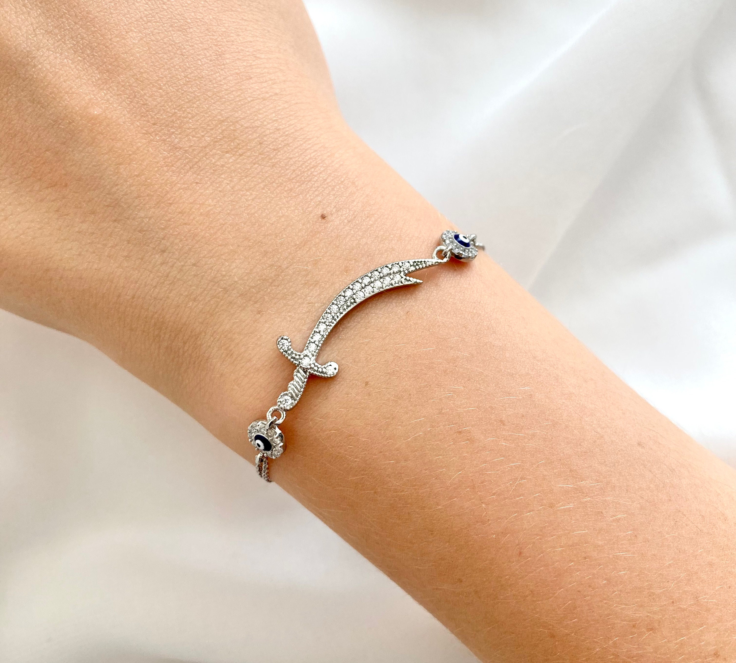 Silver Zulfiqar Sword Bracelet, Blue Evil Eye Bracelet, Zulfiqar