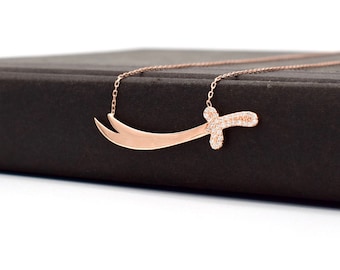 Rose Personalized Engraved Zulfiqar Sword Necklace, Silver Zircon Stone Zulfiqar Necklace, Custom Imam Ali Sword Necklace, Gift for Muslims