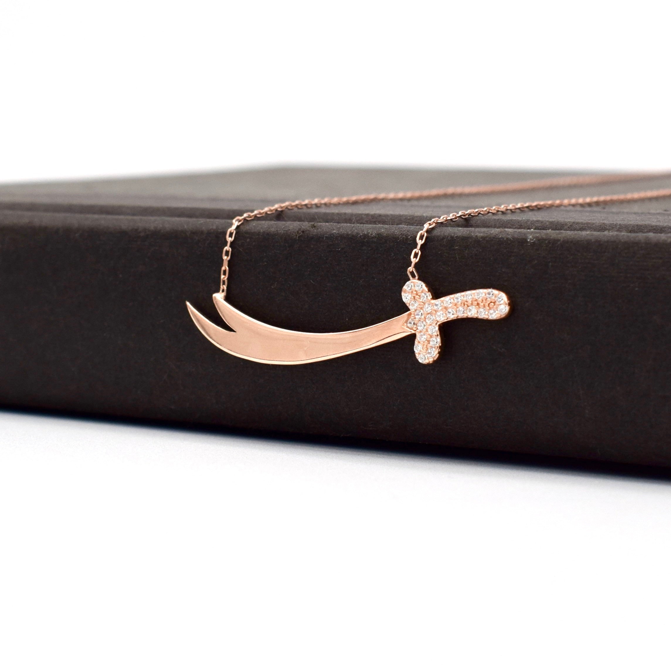 Rose Personalized Engraved Zulfiqar Sword Necklace, Silver Zircon