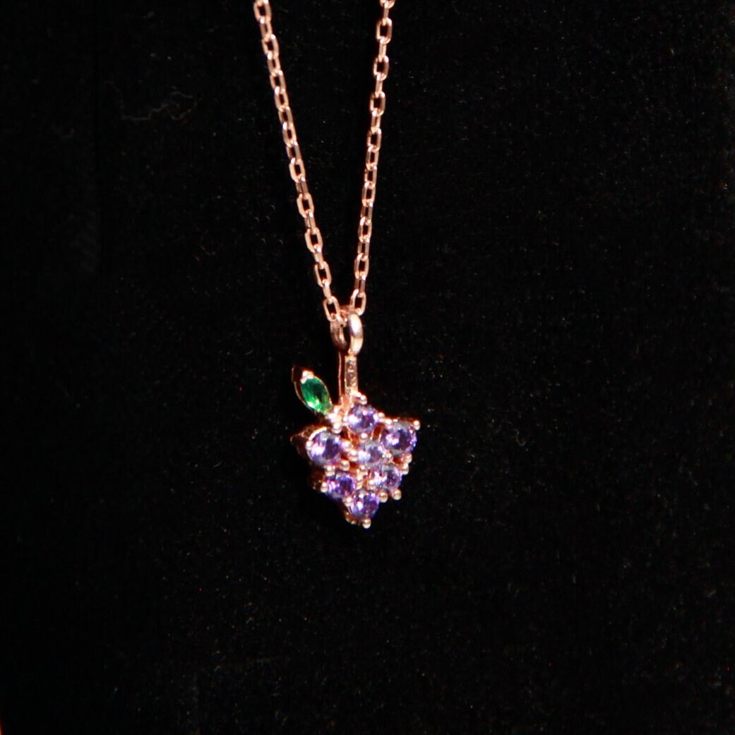 Silver Grape Jewelry, Rose Gold Plated, Purple Grape Necklace, Fruit, Summer Neckace, With Zircon Stone Grape Jewelry, Purple Grape Necklace