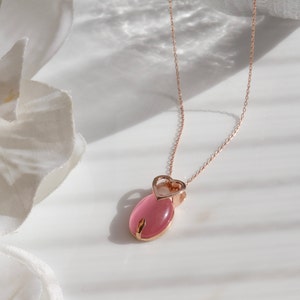 Silver Pink Cat&#39;s Eye Stone Necklace, Cat&#39;s Eye Heart Jewelry, Pink Necklace, Bridemaids&#39; Gift, Minimal Necklace, Gold Rose Heart Necklace