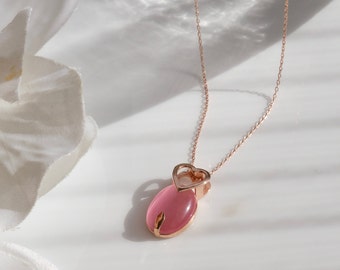 Silver Pink Cat's Eye Stone Necklace, Cat's Eye Heart Jewelry, Pink Necklace, Bridemaids' Gift, Minimal Necklace, Gold Rose Heart Necklace