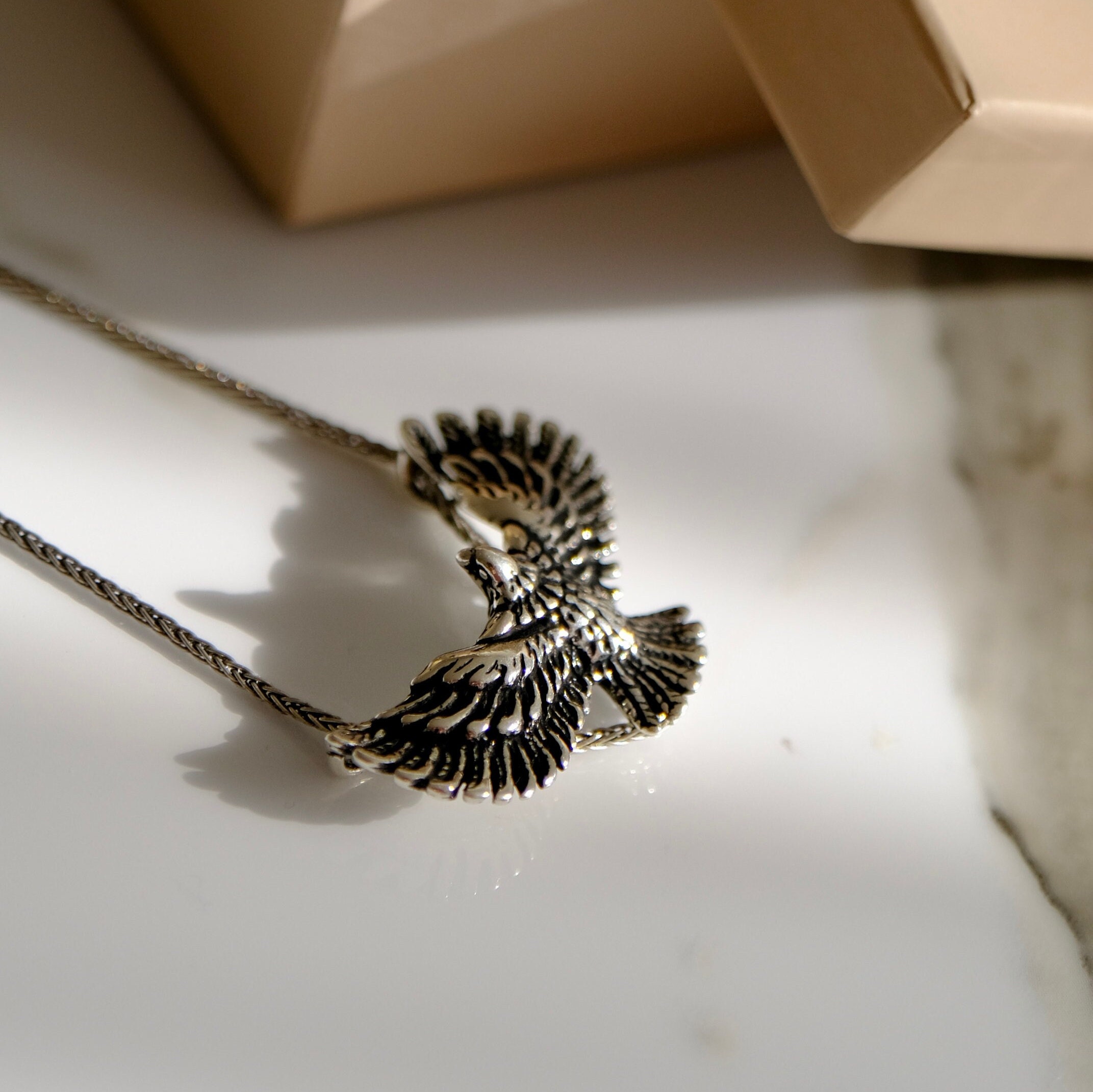925K Silver Sterling Eagle Necklace, Open Wings Eagle Necklace