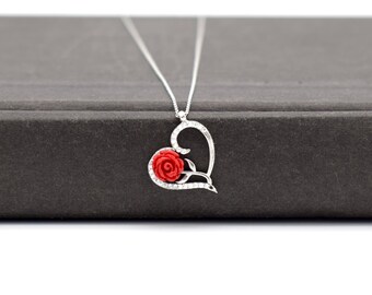 Silber Herz rote Rose Halskette, Herz Halskette, rote Rose Halskette, Muttertagsgeschenk