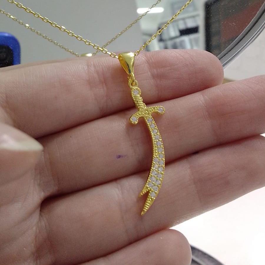 Silver Gold Plated Zulfiqar Sword Necklace, Women Zircon Stone