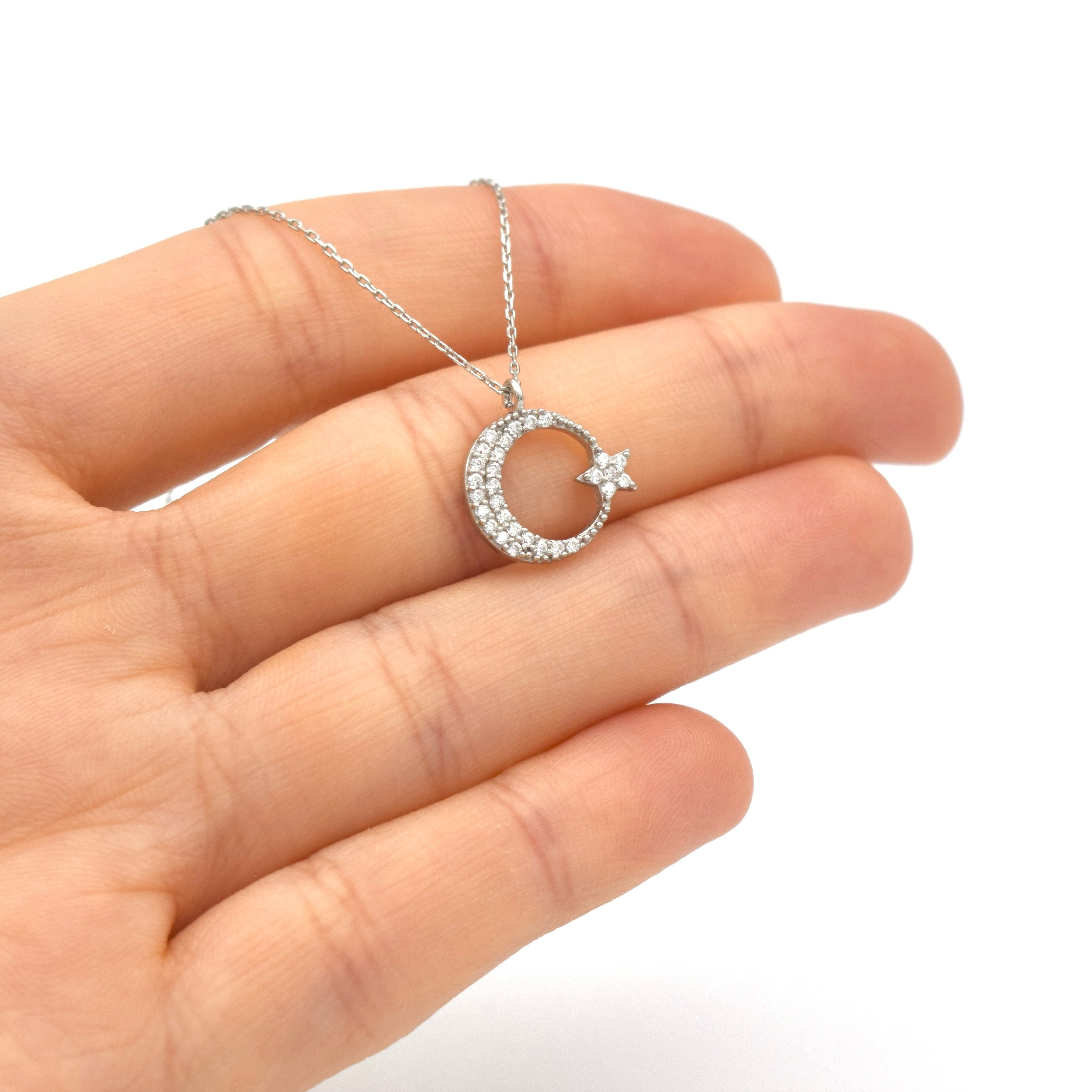 Silver Turkish Flag Necklace, Zircon Stone Crescent Moon and