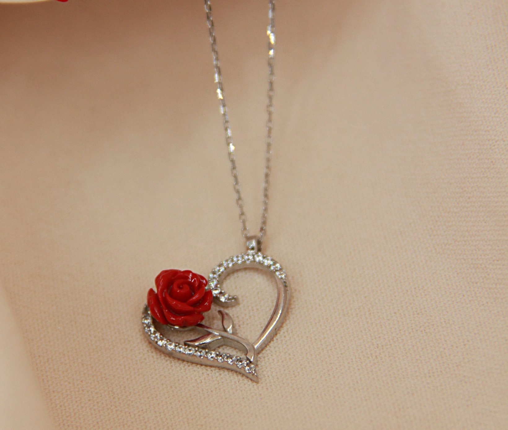 Silver Red Rose Necklace, Red Flower Necklace Set, Red Rose