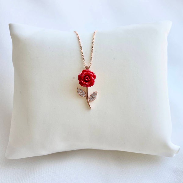 Silver Red Rose Necklace, Dainty Flower Necklace, Rose Necklace, Anniversary Gift, Gift for Her, Rose Gold Plated Necklace, 925k Silver