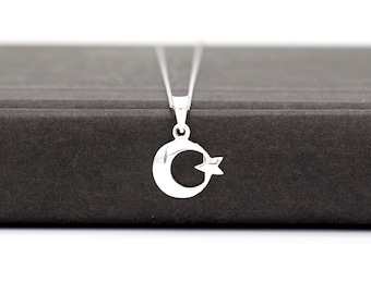 Silver Turkish Flag Necklace, Silver Crescent Moon and Star