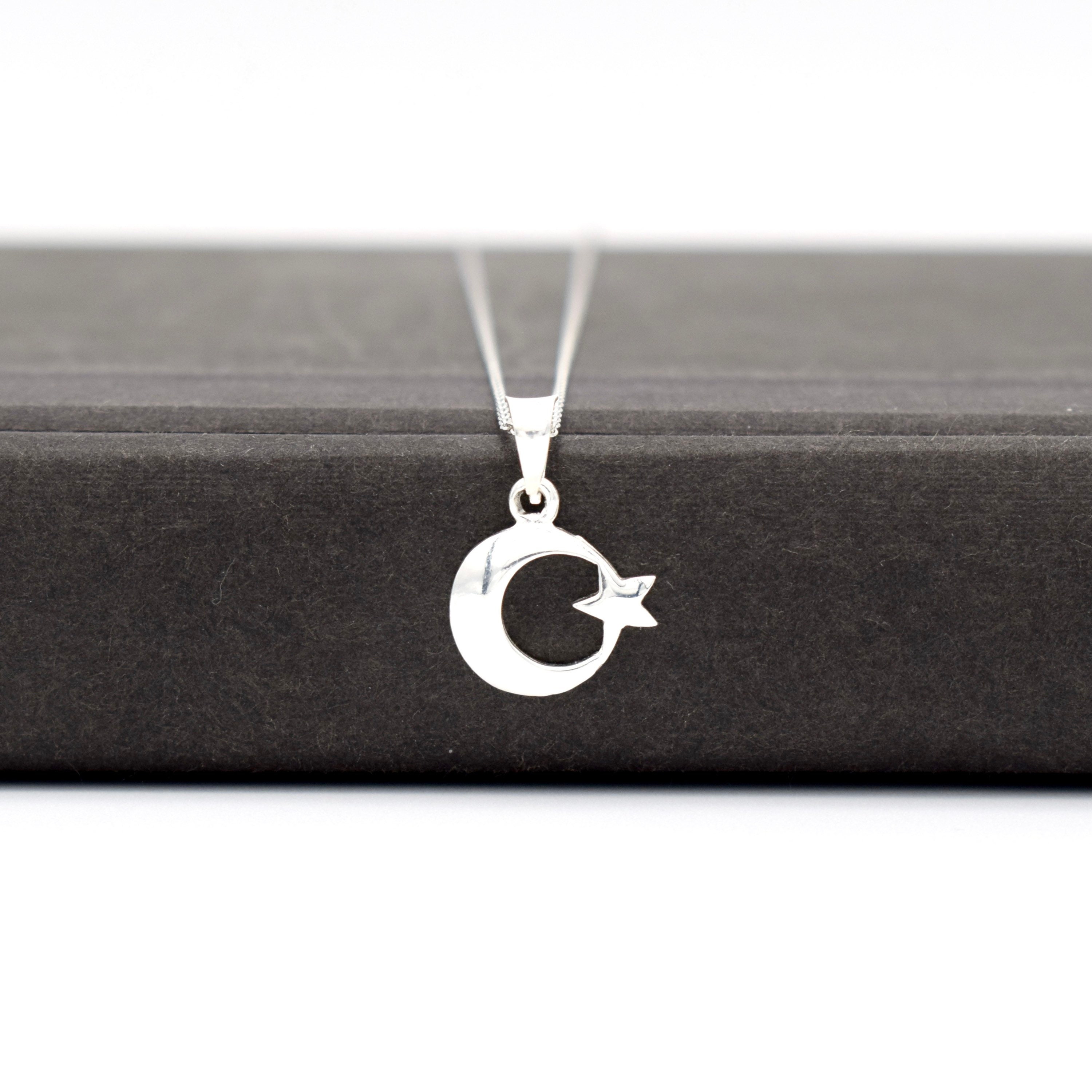Silver Turkish Flag Necklace, Silver Crescent Moon and Star