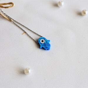Silver Blue Opal Hamsa and Evil Eye Necklace, Silver Hamsa Necklace, Protection Necklace, Small Silver Charm Necklace, Evil Eye Necklace