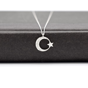Silver Turkish Flag Necklace, Zircon Stone Crescent Moon and Star Necklace, Silver Moon Star Necklace