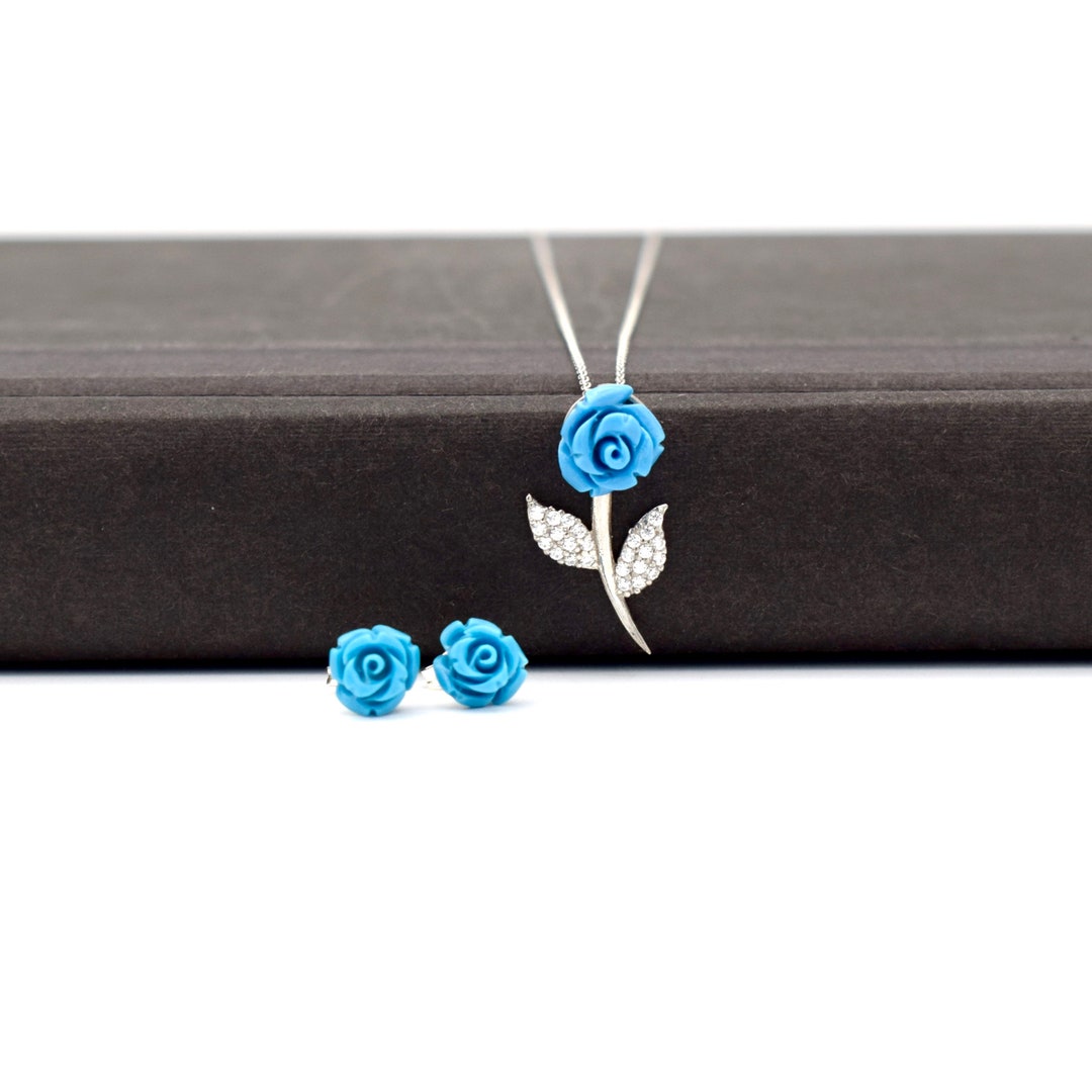 Silver Blue Rose Necklace Set, Blue Flower Earring and Necklace