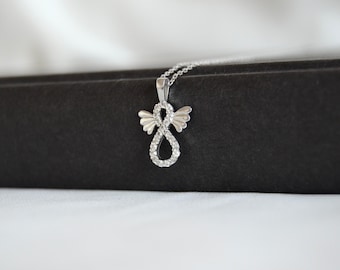 Zircon Tiny Infinity Necklace, Infinity Wing Necklace, Silver Infinity Necklace, Christmas Gift, Gift for Her, Women Angle Wing Necklace