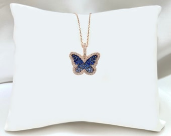 Silver Blue Butterfly Necklace, Woman Butterfly Necklace, Dainty Woman Necklace, Gift for Her, Zircon Butterfly Necklace, Rose Gold Plated